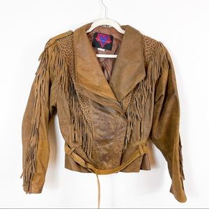 VERDUCCI Vintage Brown Leather Motorcycle Jacket w/Fringe Size 10